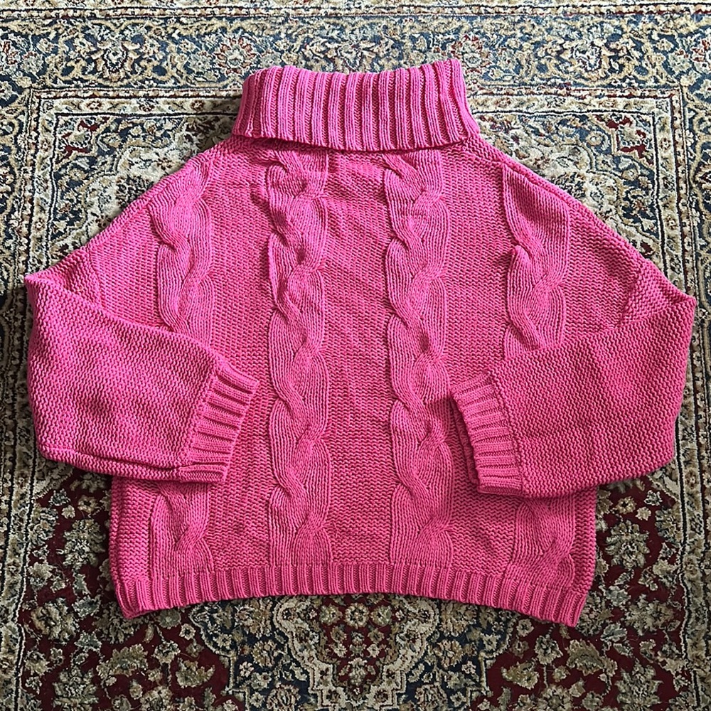 Hot Barbie Pink Cable Knit Aran Turtleneck Sweater Size Large